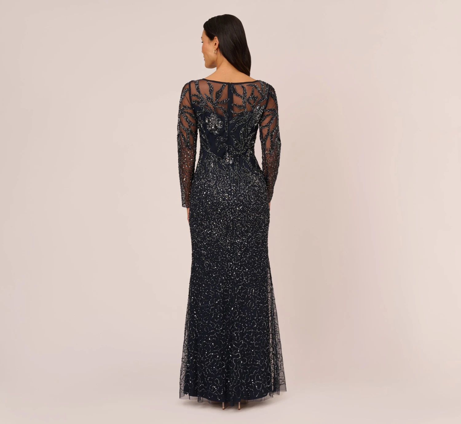 Adrianna Papell Floral Beaded Dress With Sheer Long Sleeves In Midnight 4 Adrianna Papell Floral Beaded Dress With Sheer Long Sleeves In Midnight - Image 4