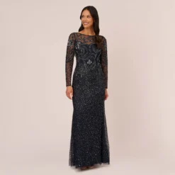 Adrianna Papell Floral Beaded Dress With Sheer Long Sleeves In Midnight