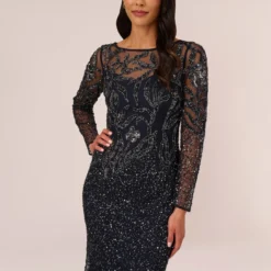 Adrianna Papell Floral Beaded Dress With Sheer Long Sleeves In Midnight 8 Adrianna Papell Floral Beaded Dress With Sheer Long Sleeves In Midnight -Glam Mirth Sales AP1E205390 AB411 Regular Lifestyle