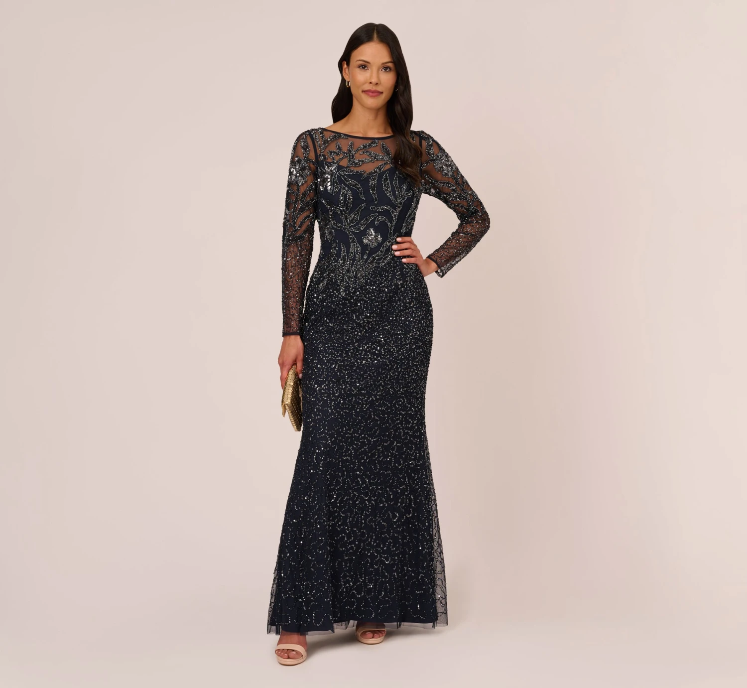 Adrianna Papell Floral Beaded Dress With Sheer Long Sleeves In Midnight 2 Adrianna Papell Floral Beaded Dress With Sheer Long Sleeves In Midnight - Image 2