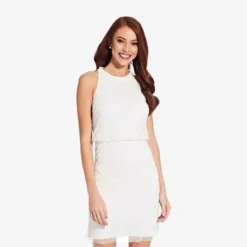 Adrianna Papell Art Deco Cocktail Dress With Halter Neck In Ivory