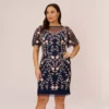 Adrianna Papell Plus Size Floral Beaded Dress With Sheer Flutter Sleeves In Navy Blush