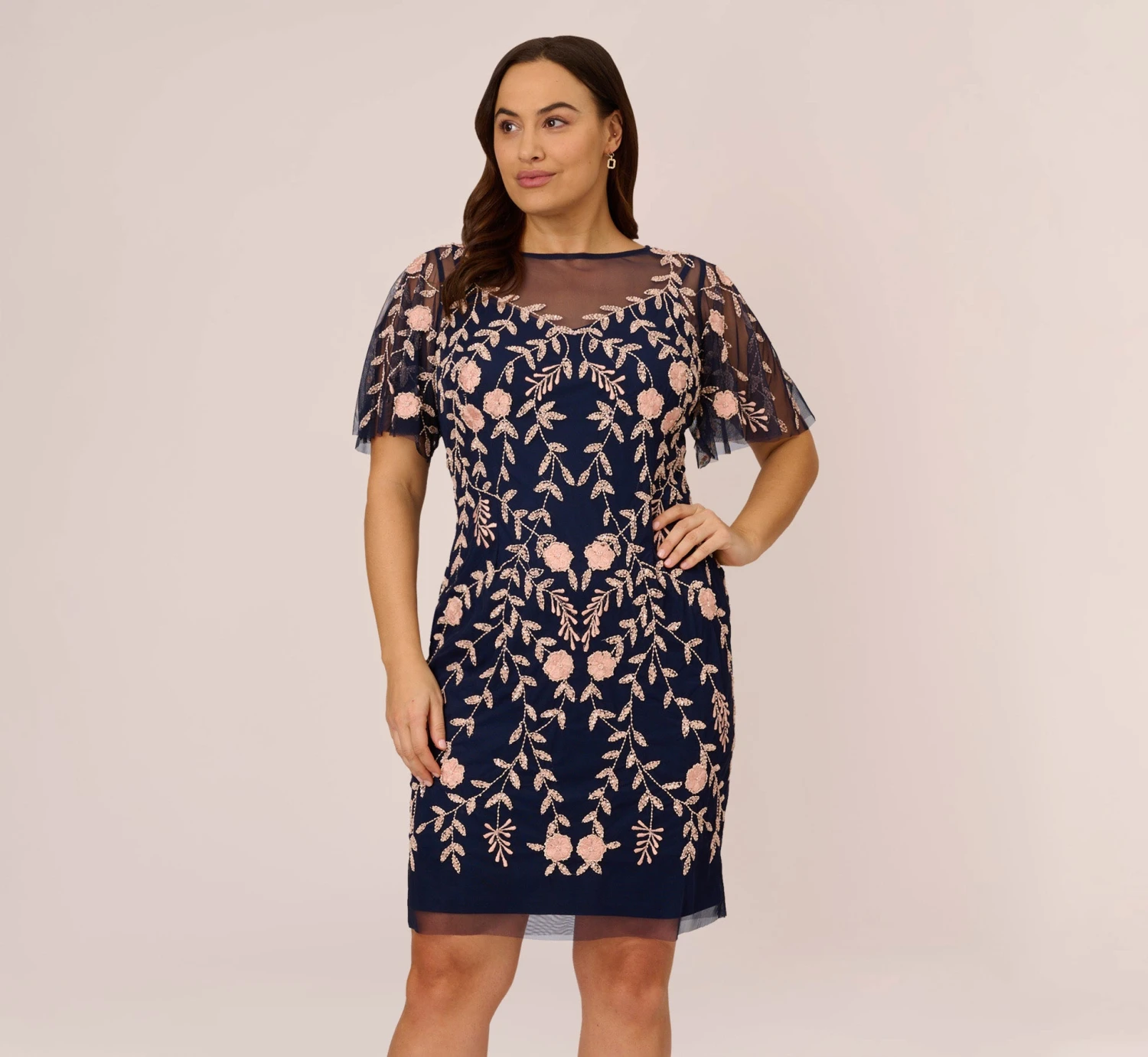 Adrianna Papell Plus Size Floral Beaded Dress With Sheer Flutter Sleeves In Navy Blush 1 Adrianna Papell Plus Size Floral Beaded Dress With Sheer Flutter Sleeves In Navy Blush
