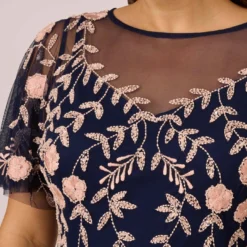 Adrianna Papell Plus Size Floral Beaded Dress With Sheer Flutter Sleeves In Navy Blush 8 Adrianna Papell Plus Size Floral Beaded Dress With Sheer Flutter Sleeves In Navy Blush -Glam Mirth Sales AP1E205858 AX412 Plus Detail