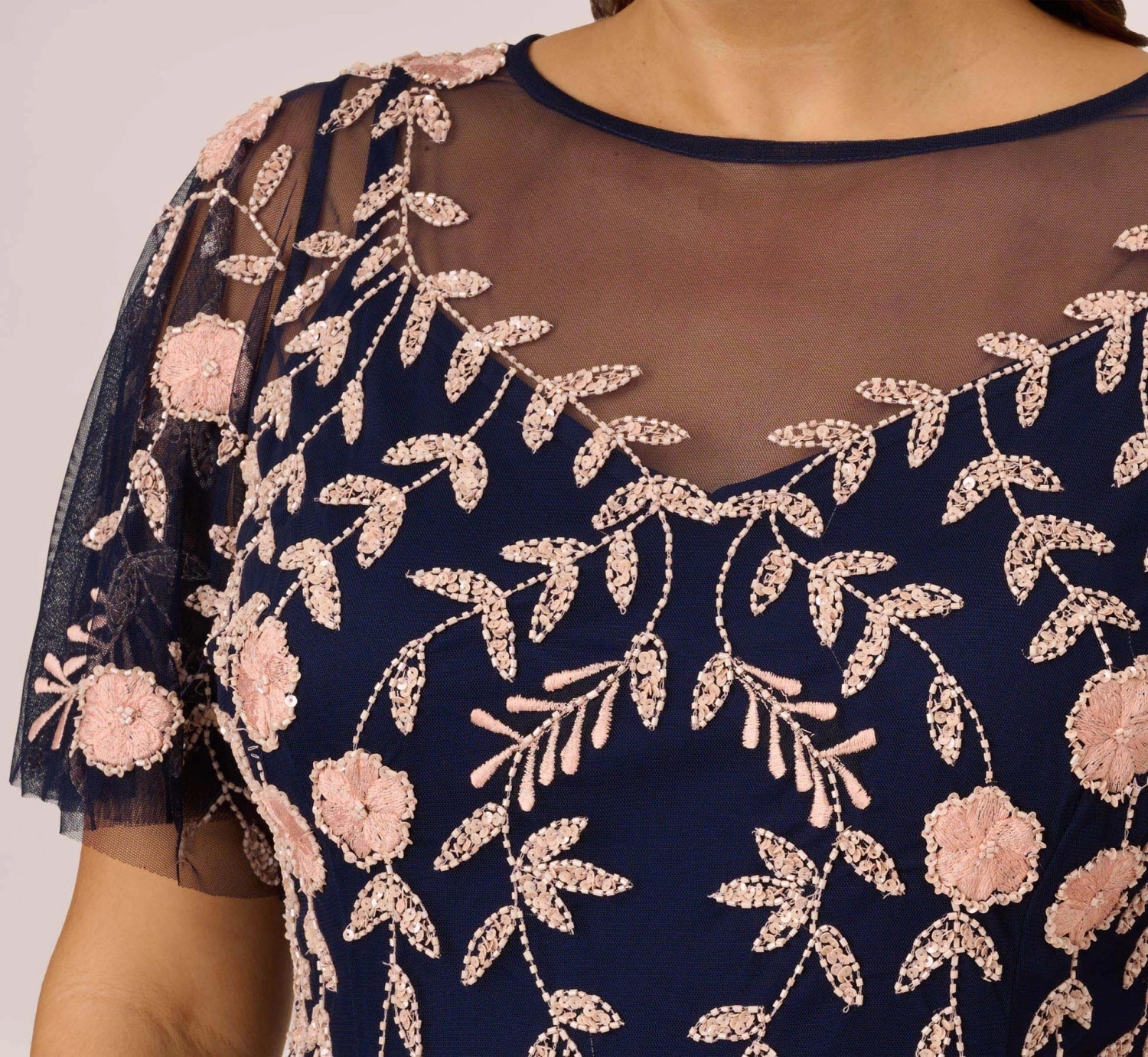 Adrianna Papell Plus Size Floral Beaded Dress With Sheer Flutter Sleeves In Navy Blush 3 Adrianna Papell Plus Size Floral Beaded Dress With Sheer Flutter Sleeves In Navy Blush - Image 3