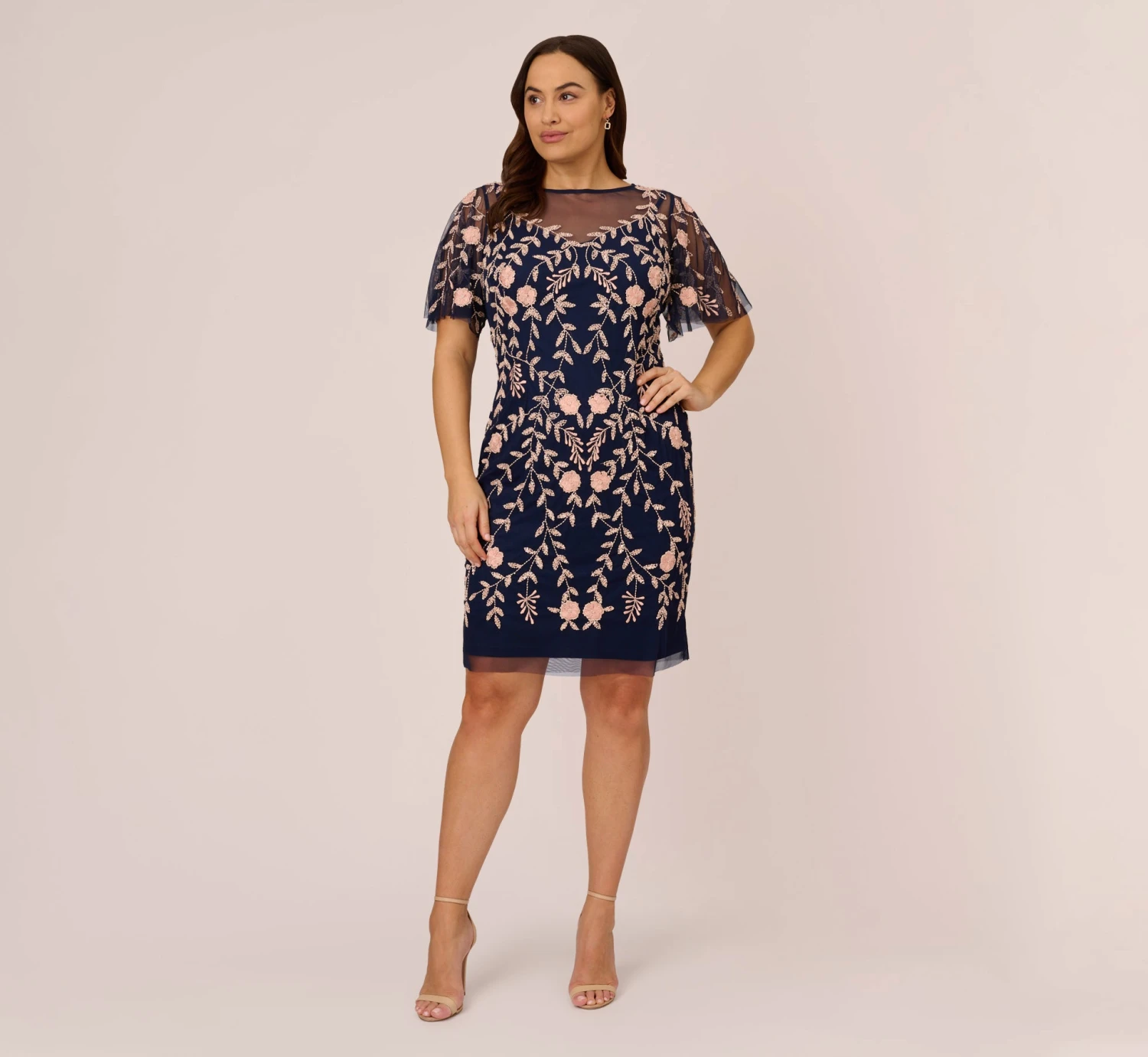 Adrianna Papell Plus Size Floral Beaded Dress With Sheer Flutter Sleeves In Navy Blush 2 Adrianna Papell Plus Size Floral Beaded Dress With Sheer Flutter Sleeves In Navy Blush - Image 2
