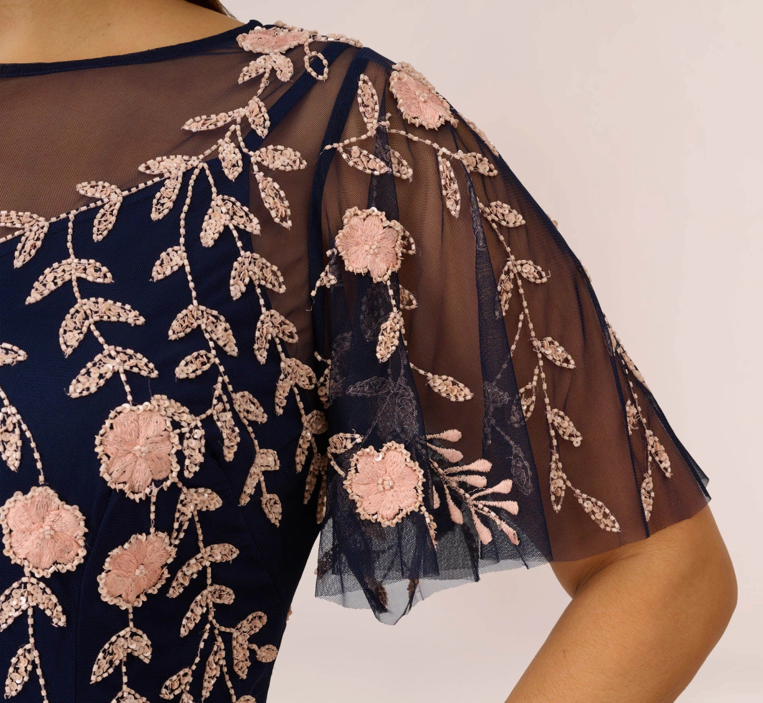 Adrianna Papell Plus Size Floral Beaded Dress With Sheer Flutter Sleeves In Navy Blush 5 Adrianna Papell Plus Size Floral Beaded Dress With Sheer Flutter Sleeves In Navy Blush - Image 5