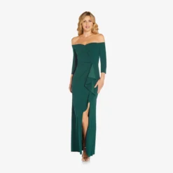 Adrianna Papell Off The Shoulder Dress With Cascading Ruffle Detail In Dusty Emerald 7 Adrianna Papell Off The Shoulder Dress With Cascading Ruffle Detail In Dusty Emerald -Glam Mirth Sales AP1E207024 AA302 Regular Alternate