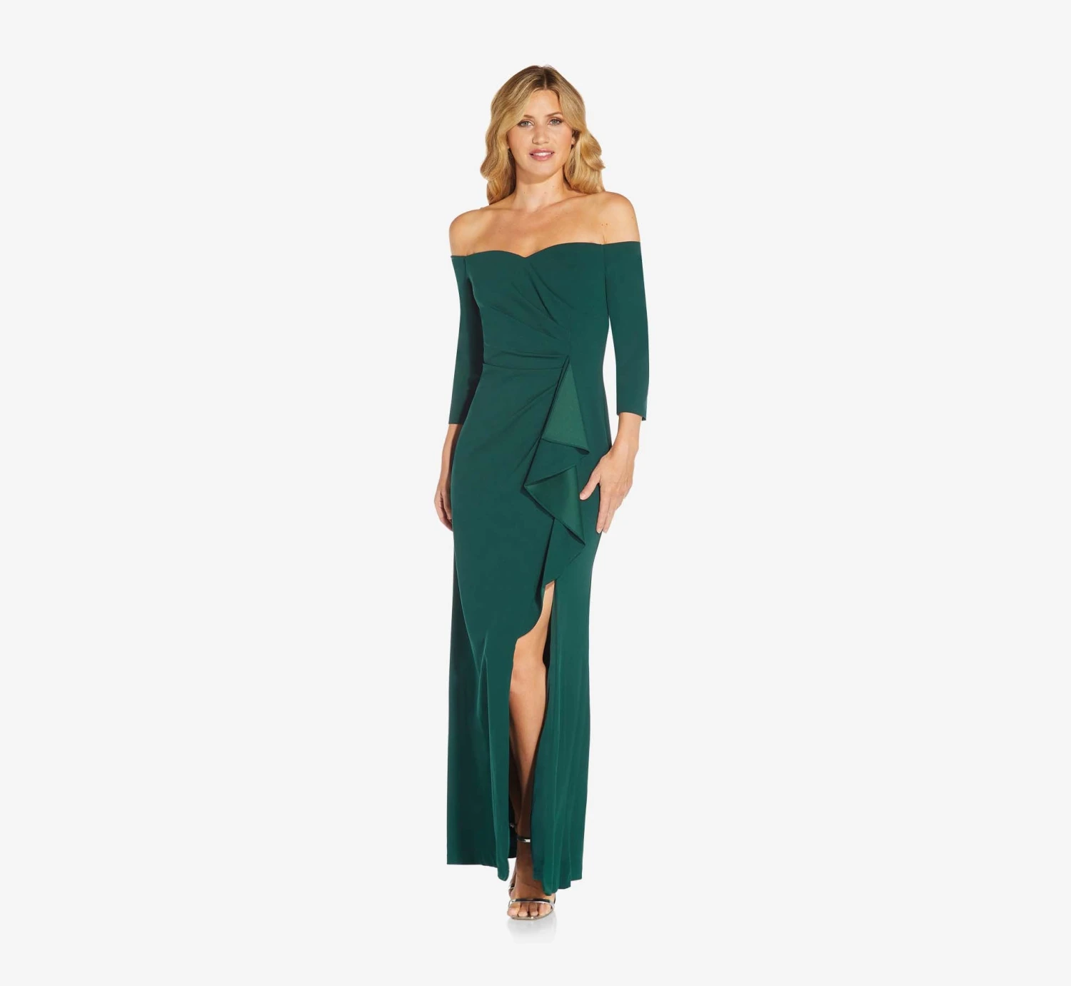 Adrianna Papell Off The Shoulder Dress With Cascading Ruffle Detail In Dusty Emerald 3 Adrianna Papell Off The Shoulder Dress With Cascading Ruffle Detail In Dusty Emerald - Image 3