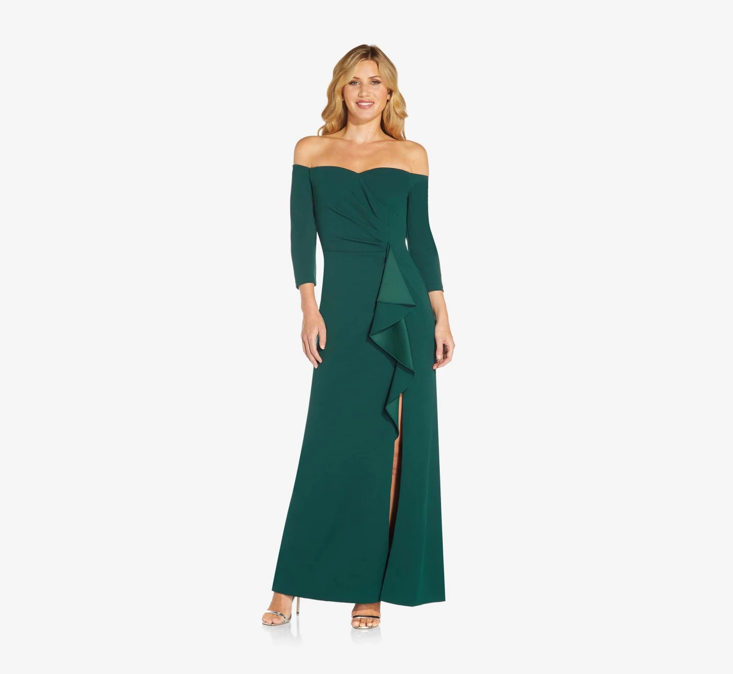 Adrianna Papell Off The Shoulder Dress With Cascading Ruffle Detail In Dusty Emerald 1 Adrianna Papell Off The Shoulder Dress With Cascading Ruffle Detail In Dusty Emerald