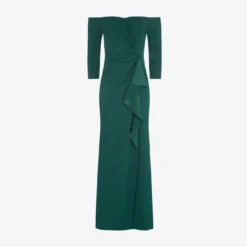 Adrianna Papell Off The Shoulder Dress With Cascading Ruffle Detail In Dusty Emerald 8 Adrianna Papell Off The Shoulder Dress With Cascading Ruffle Detail In Dusty Emerald -Glam Mirth Sales AP1E207024 AA302 Regular Flat