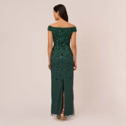Adrianna Papell Off Shoulder Dress With Floral Embellishment In Dusty Emerald 8 Adrianna Papell Off Shoulder Dress With Floral Embellishment In Dusty Emerald -Glam Mirth Sales AP1E207584 AA302 Regular Back