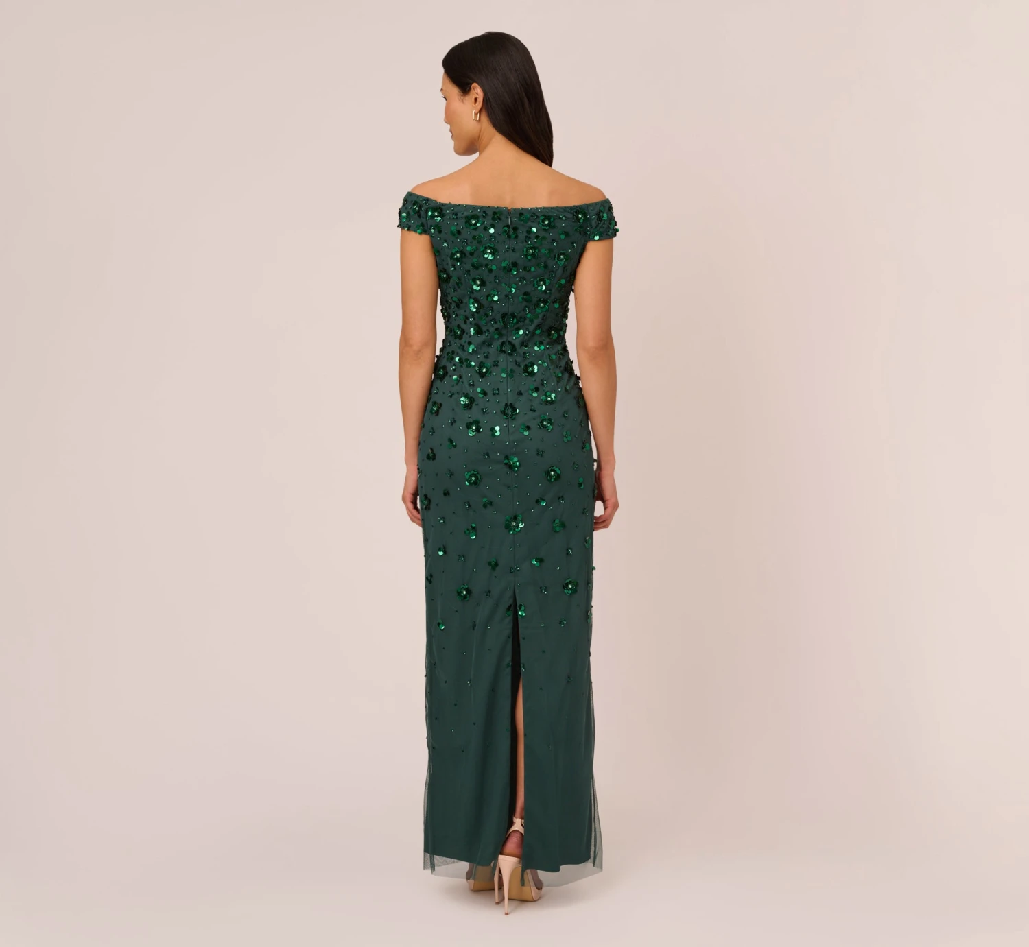 Adrianna Papell Off Shoulder Dress With Floral Embellishment In Dusty Emerald 3 Adrianna Papell Off Shoulder Dress With Floral Embellishment In Dusty Emerald - Image 3