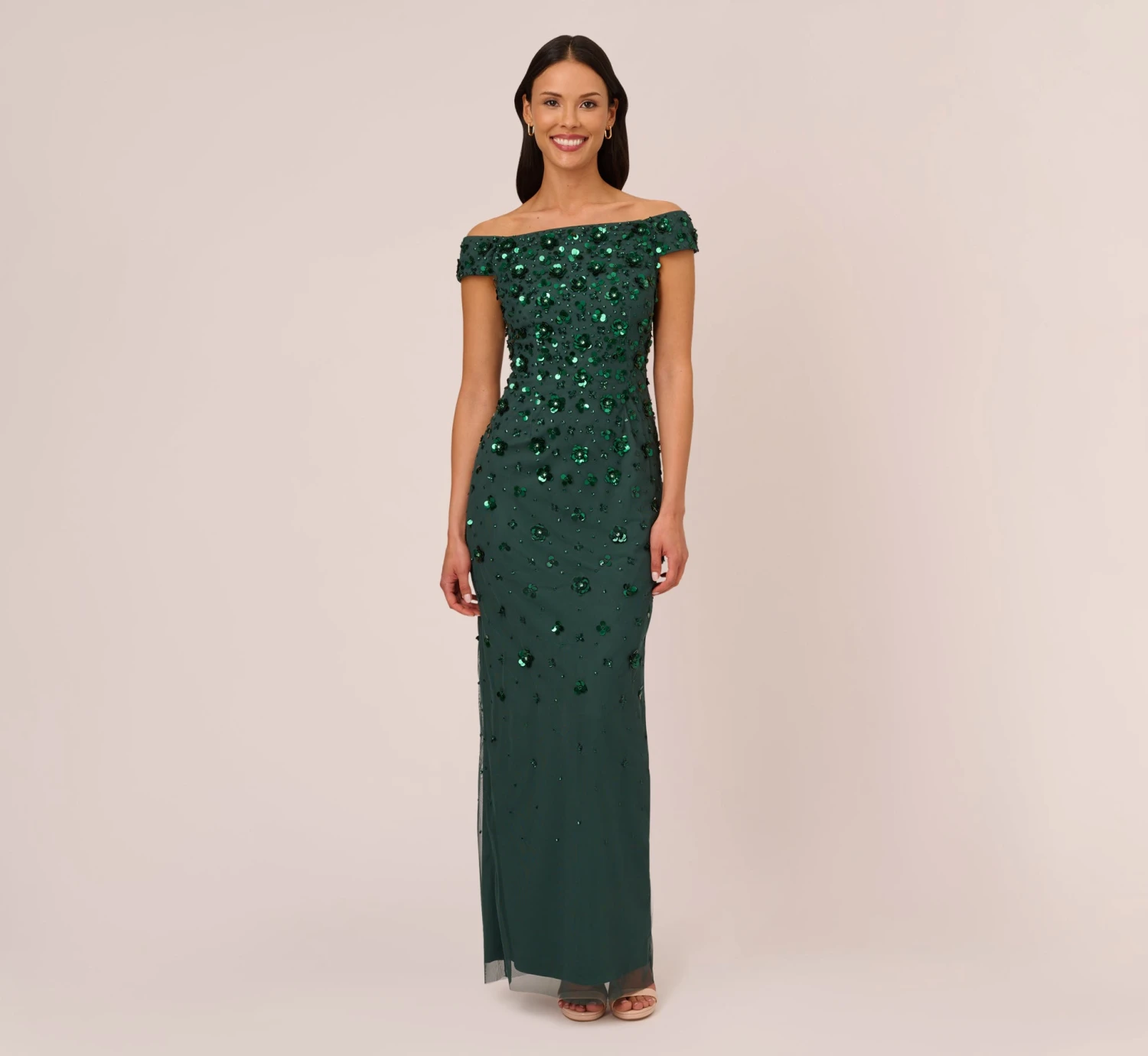 Adrianna Papell Off Shoulder Dress With Floral Embellishment In Dusty Emerald 1 Adrianna Papell Off Shoulder Dress With Floral Embellishment In Dusty Emerald