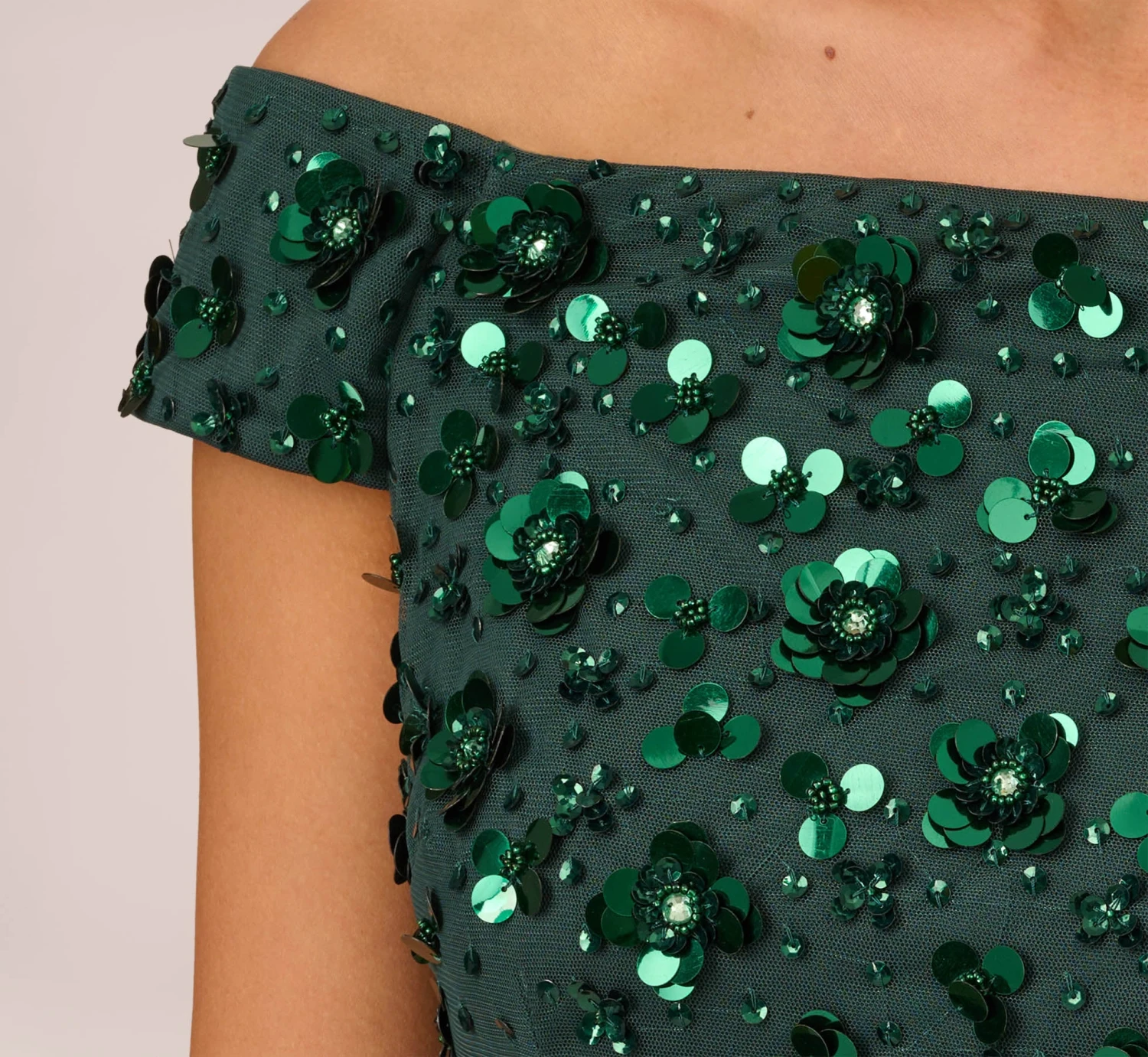 Adrianna Papell Off Shoulder Dress With Floral Embellishment In Dusty Emerald 6 Adrianna Papell Off Shoulder Dress With Floral Embellishment In Dusty Emerald - Image 6