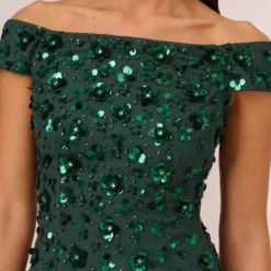 Adrianna Papell Off Shoulder Dress With Floral Embellishment In Dusty Emerald 9 Adrianna Papell Off Shoulder Dress With Floral Embellishment In Dusty Emerald -Glam Mirth Sales AP1E207584 AA302 Regular Lifestyle