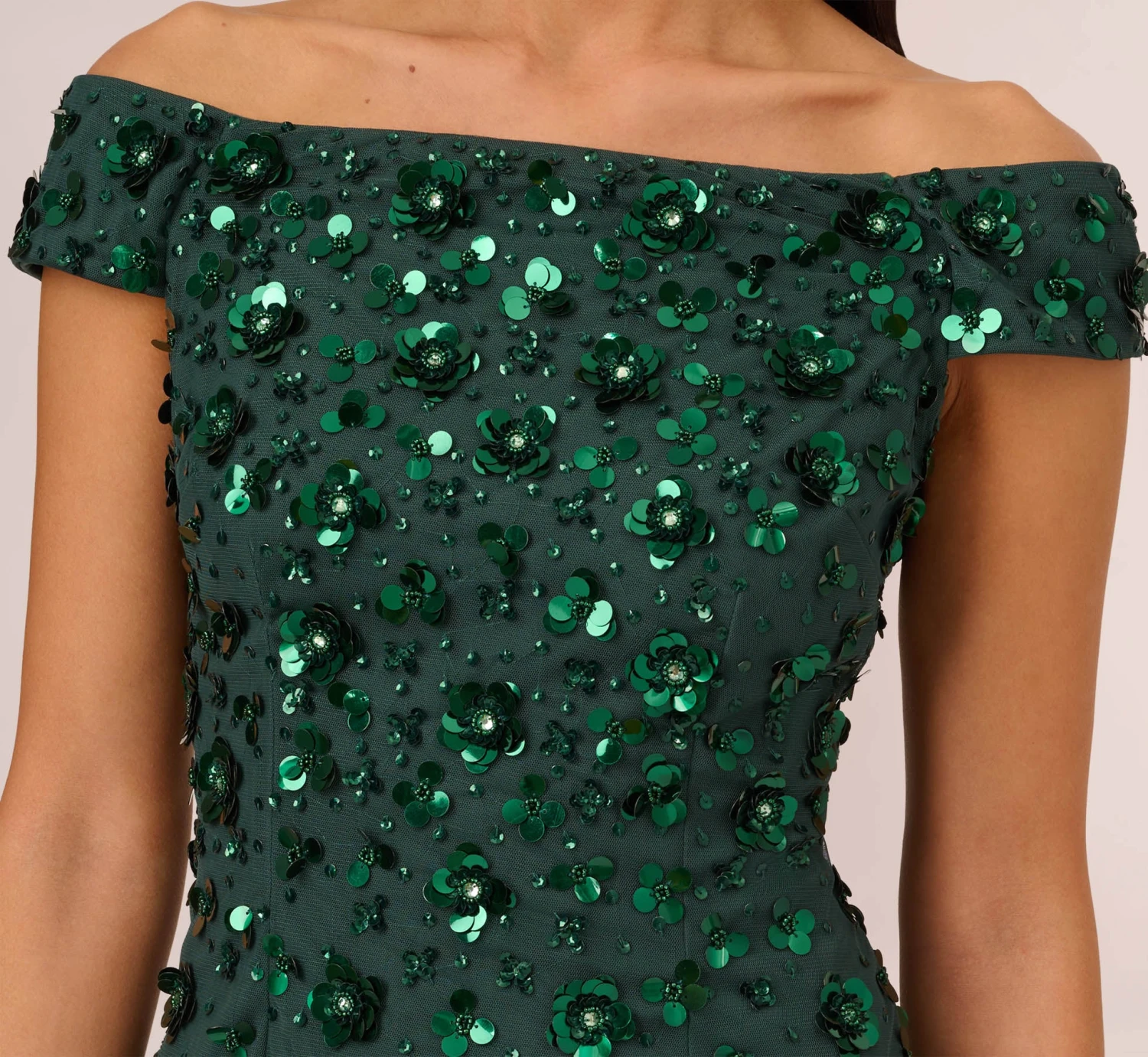Adrianna Papell Off Shoulder Dress With Floral Embellishment In Dusty Emerald 4 Adrianna Papell Off Shoulder Dress With Floral Embellishment In Dusty Emerald - Image 4
