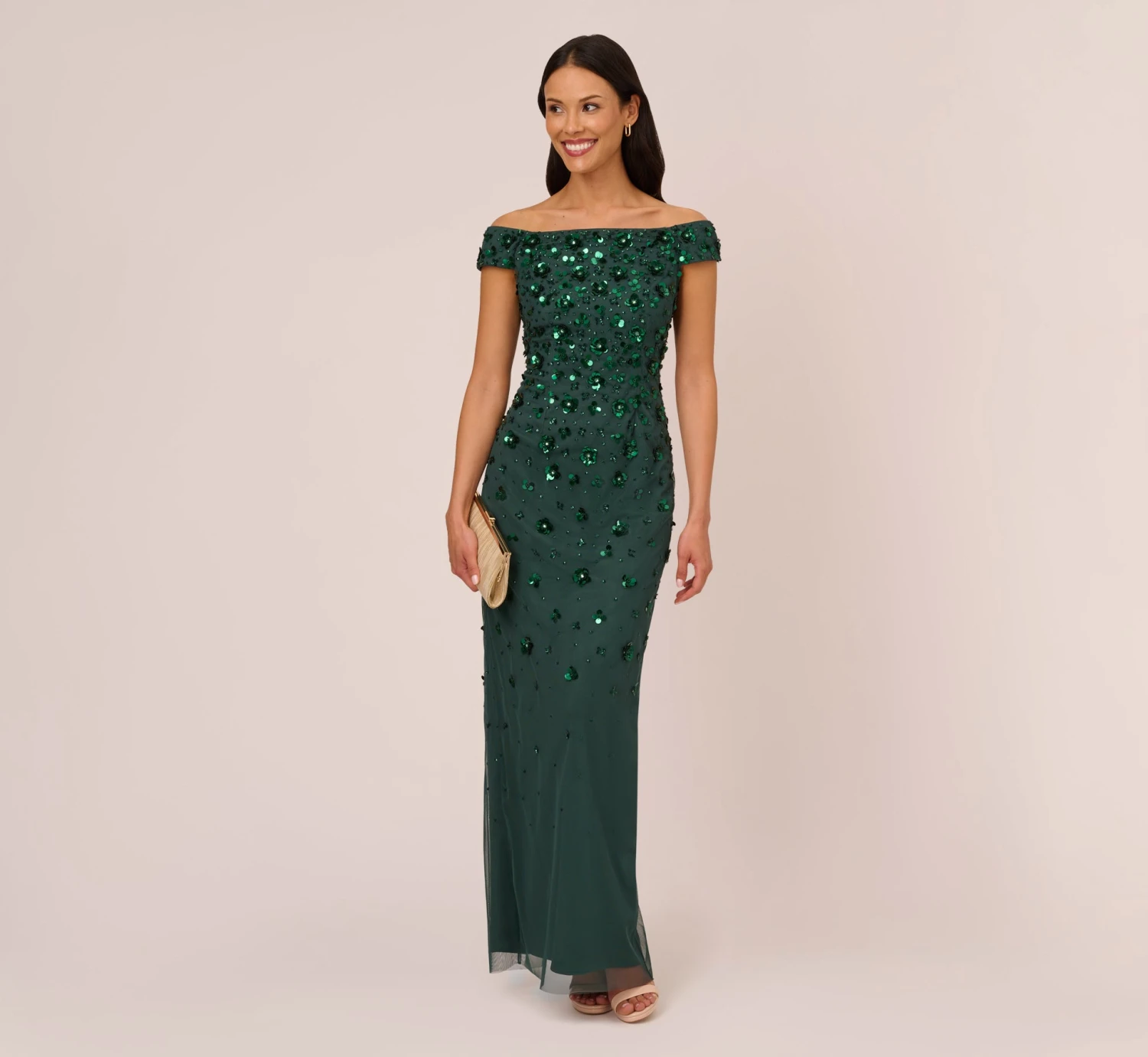 Adrianna Papell Off Shoulder Dress With Floral Embellishment In Dusty Emerald 2 Adrianna Papell Off Shoulder Dress With Floral Embellishment In Dusty Emerald - Image 2