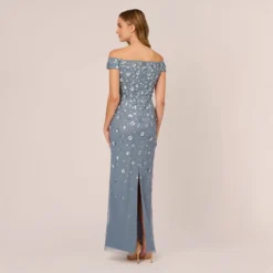 Adrianna Papell Off Shoulder Dress With Floral Embellishment In Vintage Blue 11 Adrianna Papell Off Shoulder Dress With Floral Embellishment In Vintage Blue -Glam Mirth Sales AP1E207584 AC466 Regular Back