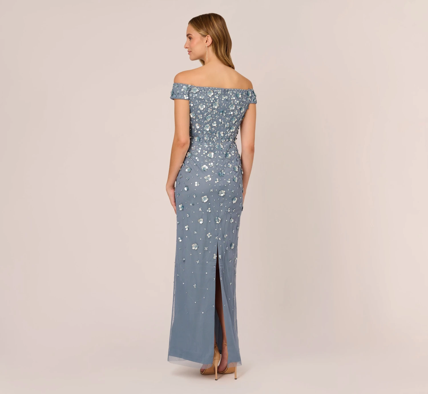 Adrianna Papell Off Shoulder Dress With Floral Embellishment In Vintage Blue 5 Adrianna Papell Off Shoulder Dress With Floral Embellishment In Vintage Blue - Image 5