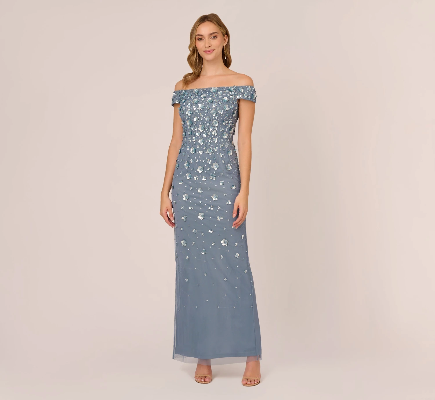 Adrianna Papell Off Shoulder Dress With Floral Embellishment In Vintage Blue 1 Adrianna Papell Off Shoulder Dress With Floral Embellishment In Vintage Blue