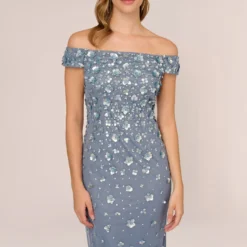 Adrianna Papell Off Shoulder Dress With Floral Embellishment In Vintage Blue 9 Adrianna Papell Off Shoulder Dress With Floral Embellishment In Vintage Blue -Glam Mirth Sales AP1E207584 AC466 Regular Detail
