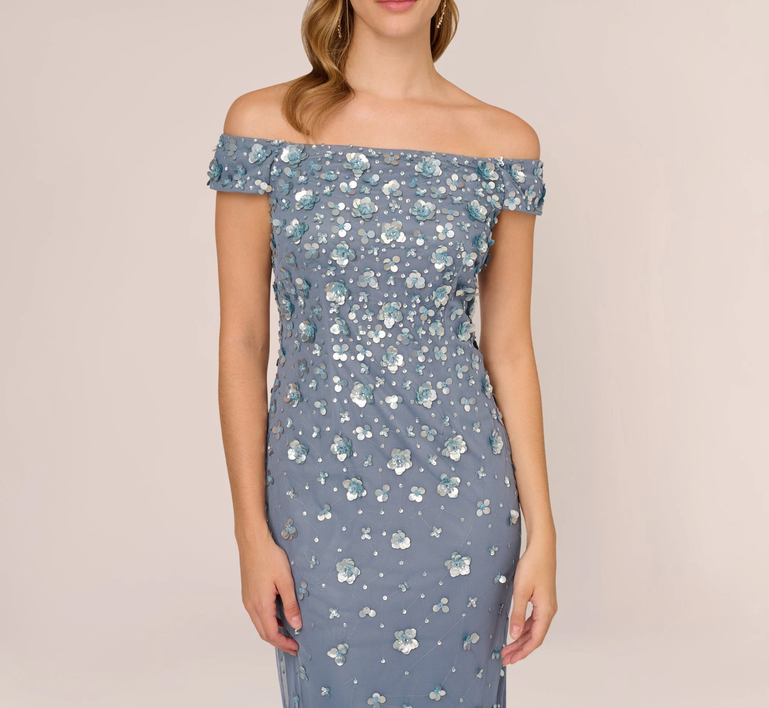 Adrianna Papell Off Shoulder Dress With Floral Embellishment In Vintage Blue 3 Adrianna Papell Off Shoulder Dress With Floral Embellishment In Vintage Blue - Image 3