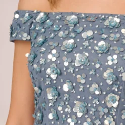 Adrianna Papell Off Shoulder Dress With Floral Embellishment In Vintage Blue 10 Adrianna Papell Off Shoulder Dress With Floral Embellishment In Vintage Blue -Glam Mirth Sales AP1E207584 AC466 Regular Lifestyle