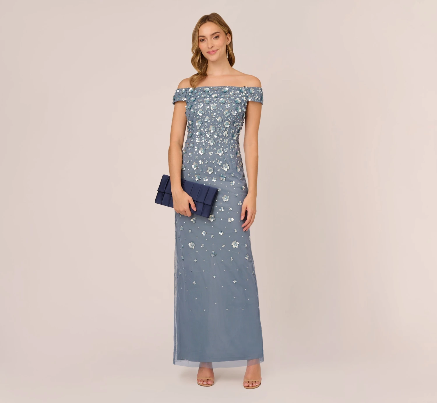 Adrianna Papell Off Shoulder Dress With Floral Embellishment In Vintage Blue 2 Adrianna Papell Off Shoulder Dress With Floral Embellishment In Vintage Blue - Image 2