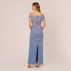 Adrianna Papell Off Shoulder Dress With Floral Embellishment In French Blue Coral 9 Adrianna Papell Off Shoulder Dress With Floral Embellishment In French Blue Coral -Glam Mirth Sales AP1E207584 AK454 Regular Back
