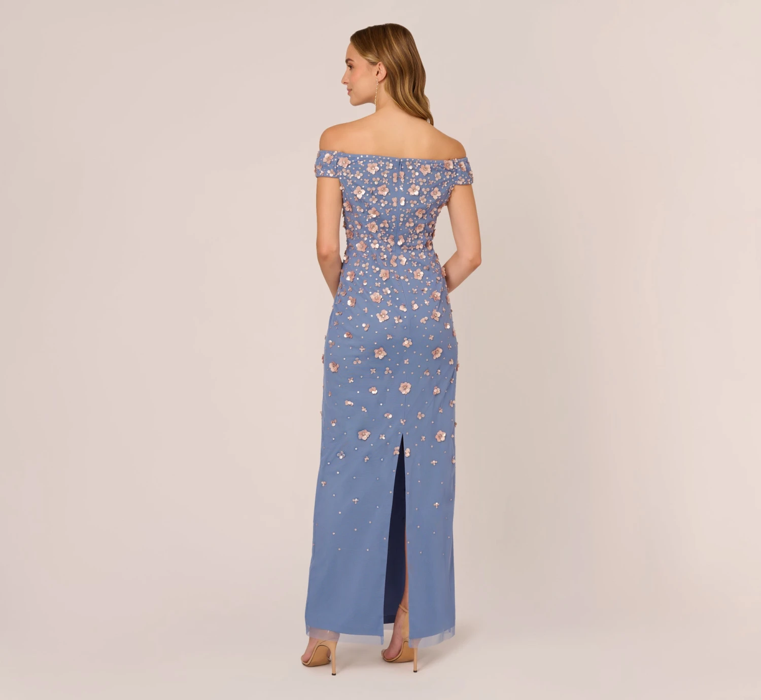 Adrianna Papell Off Shoulder Dress With Floral Embellishment In French Blue Coral 4 Adrianna Papell Off Shoulder Dress With Floral Embellishment In French Blue Coral - Image 4