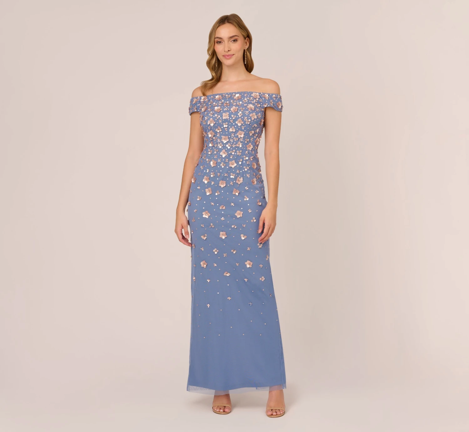 Adrianna Papell Off Shoulder Dress With Floral Embellishment In French Blue Coral 1 Adrianna Papell Off Shoulder Dress With Floral Embellishment In French Blue Coral