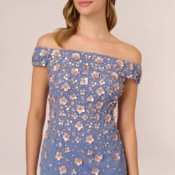 Adrianna Papell Off Shoulder Dress With Floral Embellishment In French Blue Coral 8 Adrianna Papell Off Shoulder Dress With Floral Embellishment In French Blue Coral -Glam Mirth Sales AP1E207584 AK454 Regular Detail