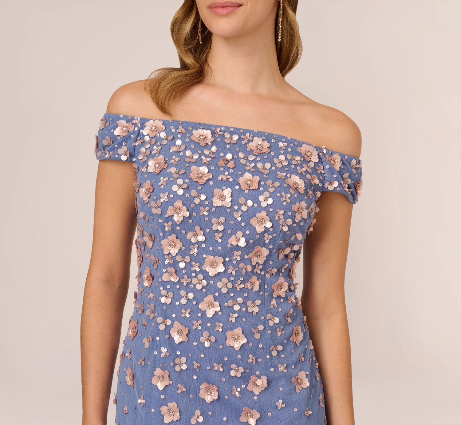Adrianna Papell Off Shoulder Dress With Floral Embellishment In French Blue Coral 3 Adrianna Papell Off Shoulder Dress With Floral Embellishment In French Blue Coral - Image 3