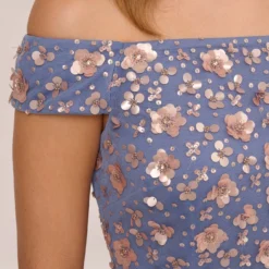 Adrianna Papell Off Shoulder Dress With Floral Embellishment In French Blue Coral 10 Adrianna Papell Off Shoulder Dress With Floral Embellishment In French Blue Coral -Glam Mirth Sales AP1E207584 AK454 Regular Lifestyle