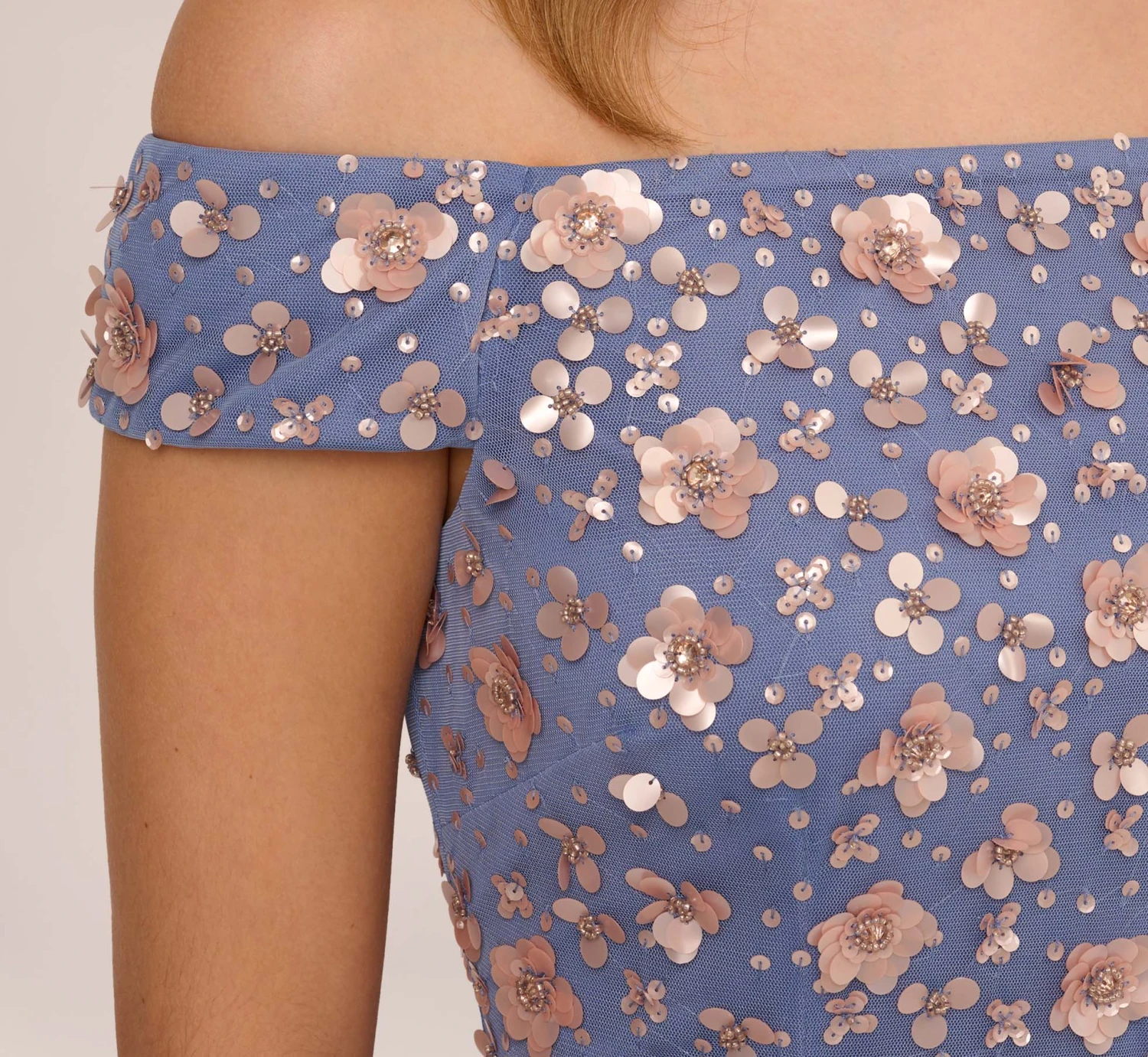 Adrianna Papell Off Shoulder Dress With Floral Embellishment In French Blue Coral 5 Adrianna Papell Off Shoulder Dress With Floral Embellishment In French Blue Coral - Image 5