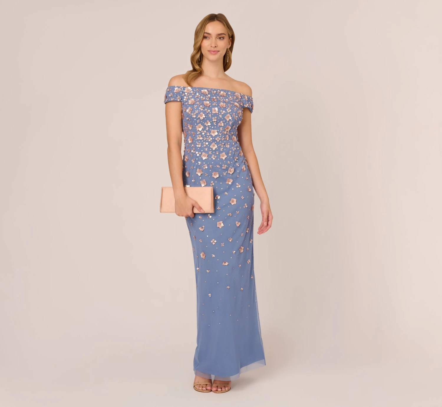Adrianna Papell Off Shoulder Dress With Floral Embellishment In French Blue Coral 2 Adrianna Papell Off Shoulder Dress With Floral Embellishment In French Blue Coral - Image 2