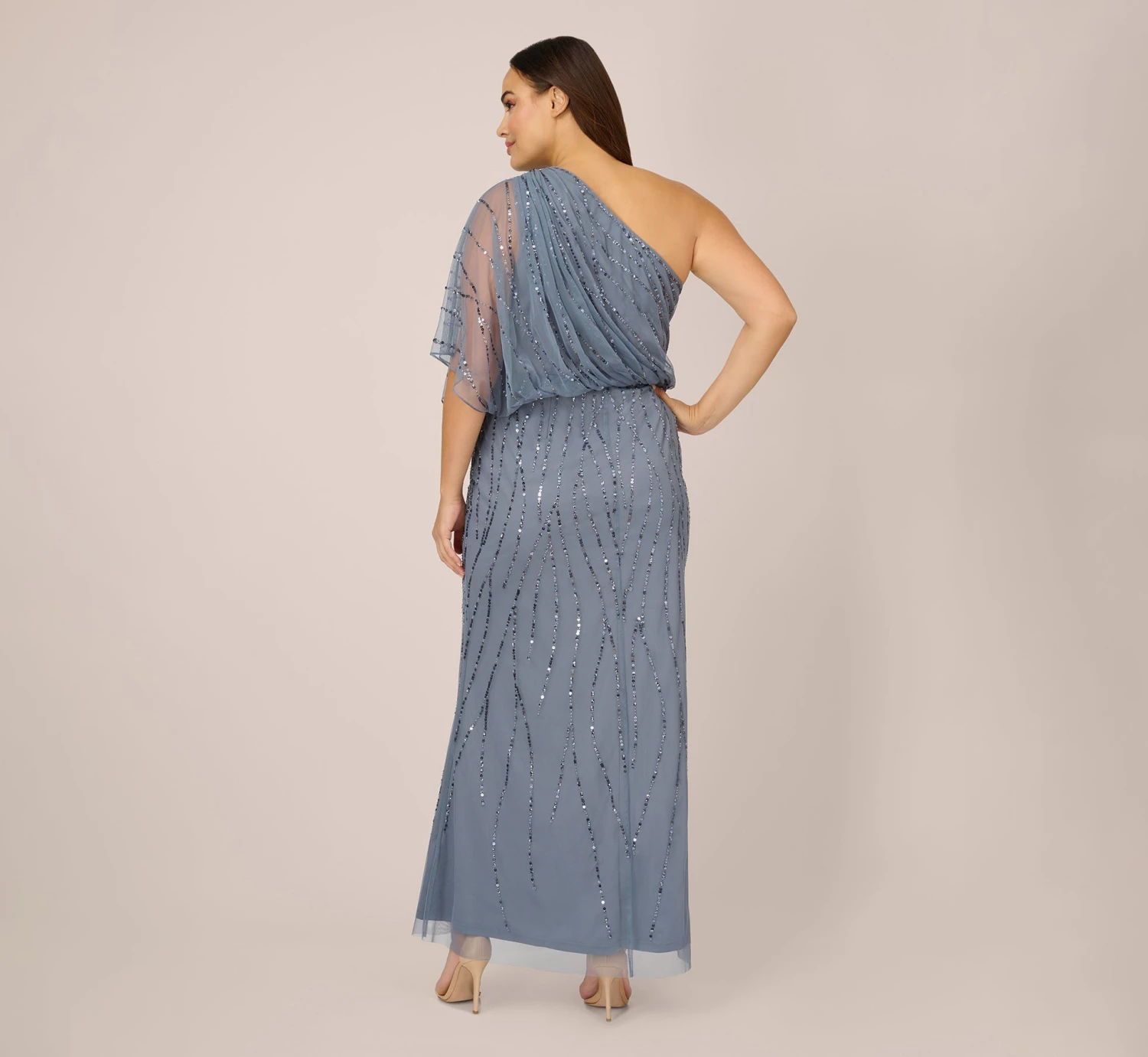 Adrianna Papell Plus Size Draped One Shoulder Dress With Sequin Detail In Dusty Blue 3 Adrianna Papell Plus Size Draped One Shoulder Dress With Sequin Detail In Dusty Blue - Image 3