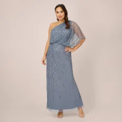 Adrianna Papell Plus Size Draped One Shoulder Dress With Sequin Detail In Dusty Blue
