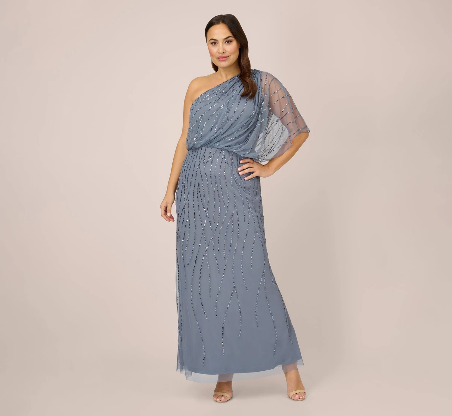 Adrianna Papell Plus Size Draped One Shoulder Dress With Sequin Detail In Dusty Blue 1 Adrianna Papell Plus Size Draped One Shoulder Dress With Sequin Detail In Dusty Blue