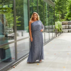 Adrianna Papell Plus Size Draped One Shoulder Dress With Sequin Detail In Dusty Blue 7 Adrianna Papell Plus Size Draped One Shoulder Dress With Sequin Detail In Dusty Blue -Glam Mirth Sales AP1E207598 AA463 Plus Lifestyle