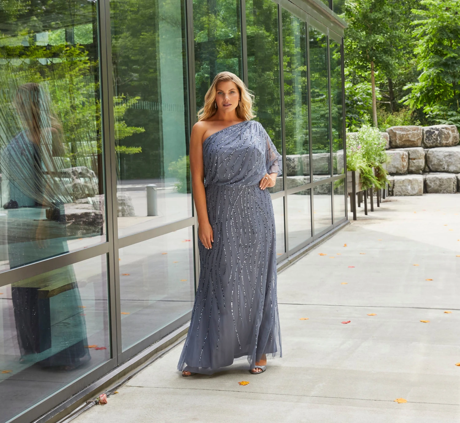 Adrianna Papell Plus Size Draped One Shoulder Dress With Sequin Detail In Dusty Blue 4 Adrianna Papell Plus Size Draped One Shoulder Dress With Sequin Detail In Dusty Blue - Image 4