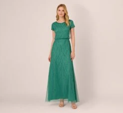 Adrianna Papell Hand-Beaded Long Dress In Jungle Green