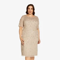 Adrianna Papell Plus Size Beaded Cocktail Dress In Biscotti