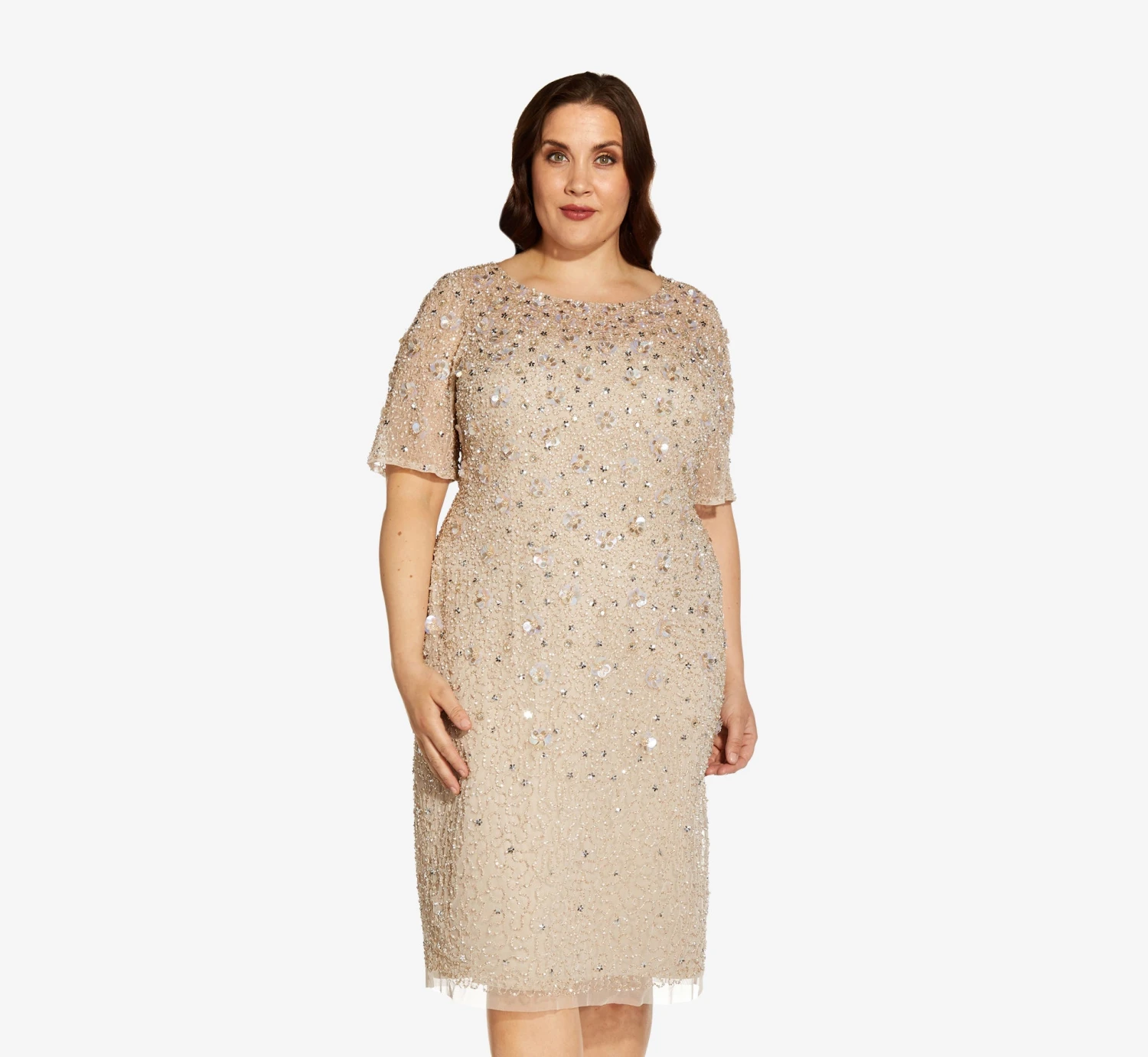 Adrianna Papell Plus Size Beaded Cocktail Dress In Biscotti 1 Adrianna Papell Plus Size Beaded Cocktail Dress In Biscotti