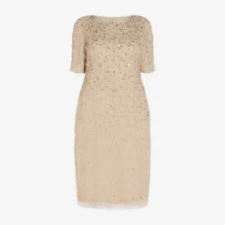 Adrianna Papell Plus Size Beaded Cocktail Dress In Biscotti 10 Adrianna Papell Plus Size Beaded Cocktail Dress In Biscotti -Glam Mirth Sales AP1E207750 AG273 Plus Flat
