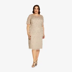 Adrianna Papell Plus Size Beaded Cocktail Dress In Biscotti 9 Adrianna Papell Plus Size Beaded Cocktail Dress In Biscotti -Glam Mirth Sales AP1E207750 AG273 Plus Side