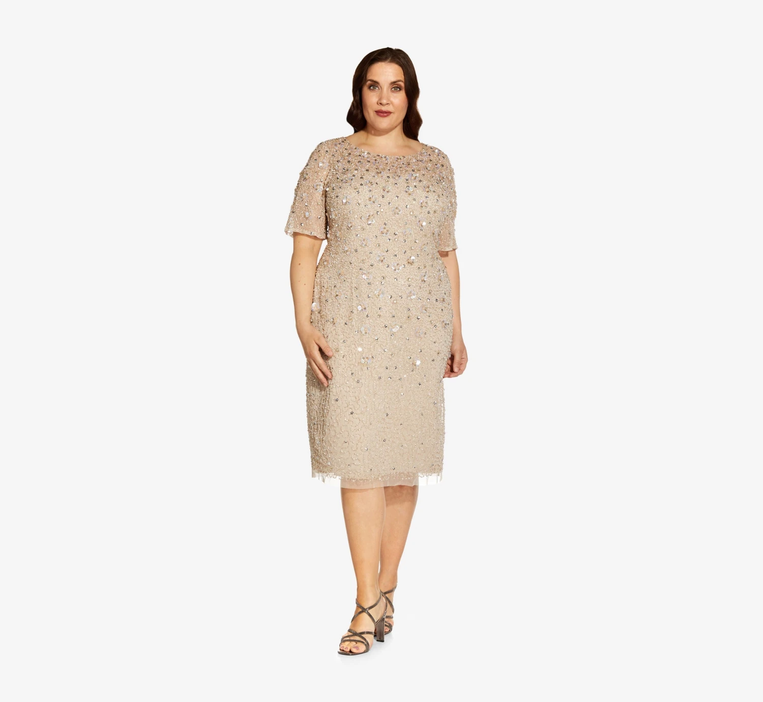 Adrianna Papell Plus Size Beaded Cocktail Dress In Biscotti 4 Adrianna Papell Plus Size Beaded Cocktail Dress In Biscotti - Image 4
