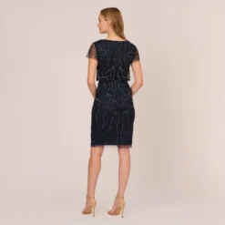 Adrianna Papell Short Sleeve Beaded Cocktail Dress With Popover In Midnight -Glam Mirth Sales AP1E207775 AG410 Regular Back a70fb266 eb60 411c 9a96 54905b919f68