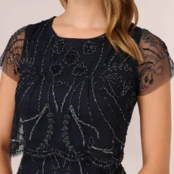 Adrianna Papell Short Sleeve Beaded Cocktail Dress With Popover In Midnight -Glam Mirth Sales AP1E207775 AG410 Regular Detail
